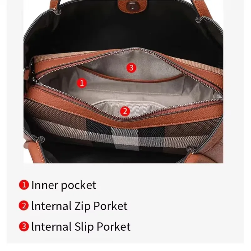 VM-Bolso de mano a rayas para mujer Bandolera grande lona y cuero genuino estilo Retro cuadros 2024 г.