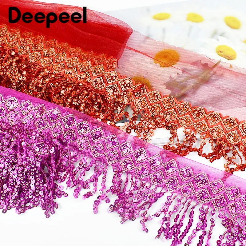 2/5/10 ярдов 7 см блестки кисточка кружевная отделка вышитая сетчатая лента для