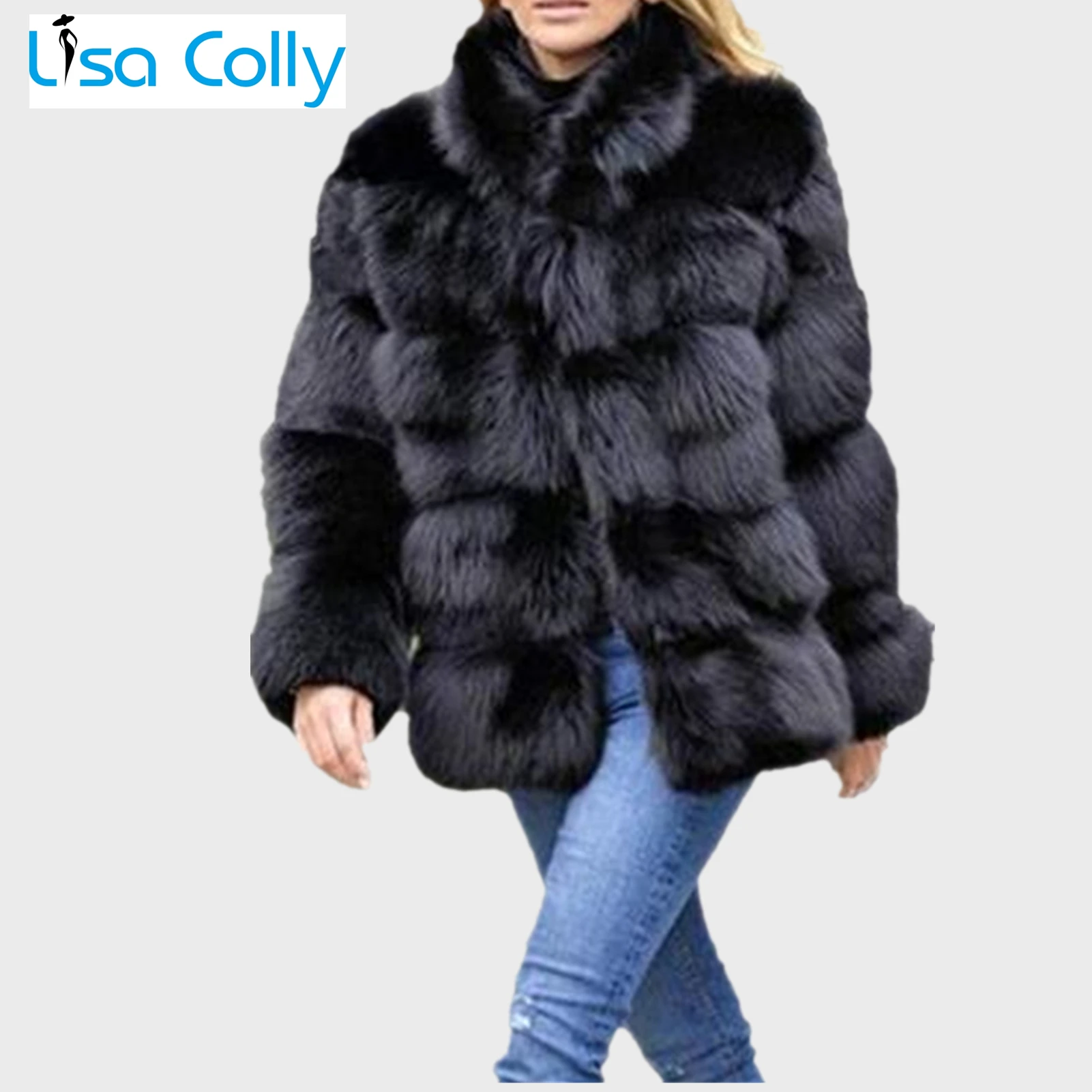 Women Winter Luxury Faux Fox Fur Coat Slim Long Sleeve Collar Coat Faux Fur Jacket Outwear Women Fake Fur Coats