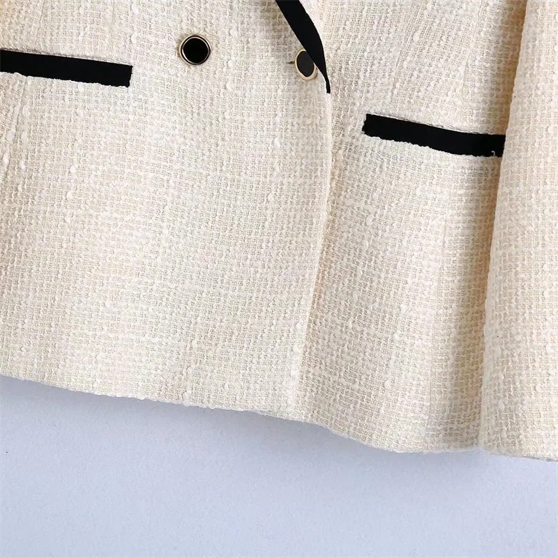 Retro Women Blazer    2023 Fashion With Contrast Piping Tweed Blazer Coat Vintage Long Sleeve Pockets Female Outerwear Chic Tops