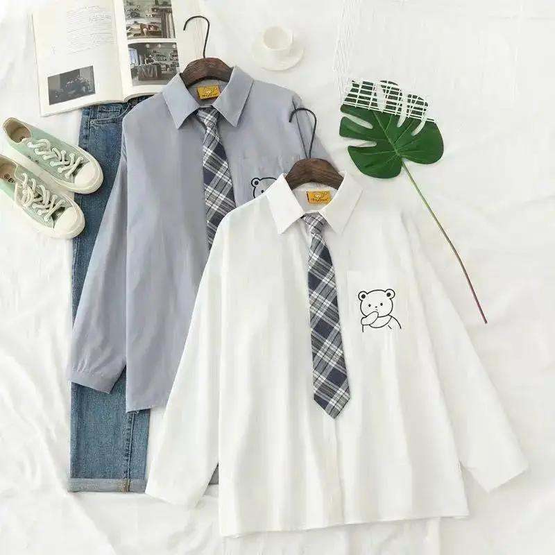 

DAYIFUN Autumn Women Harajuku Vintage Blouse Black White Goth Streetwear Student Long Sleeve Down Collar Kpop Fashion Shirts Top