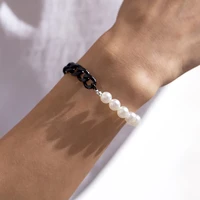 kunjoe fashion black cuban chain bracelets imitation pearl beaded splicing bracelet bangles for men women hip hop jewelry street