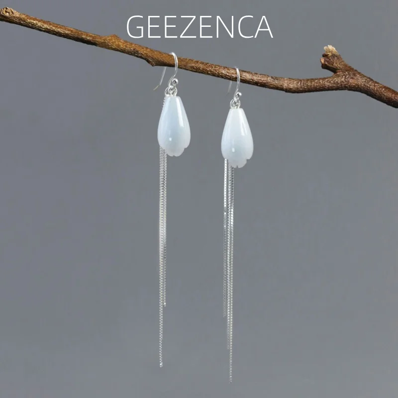 Серьги-подвески GEEZENCA из серебра 925 пробы с белыми нефритовыми цветками магнолии