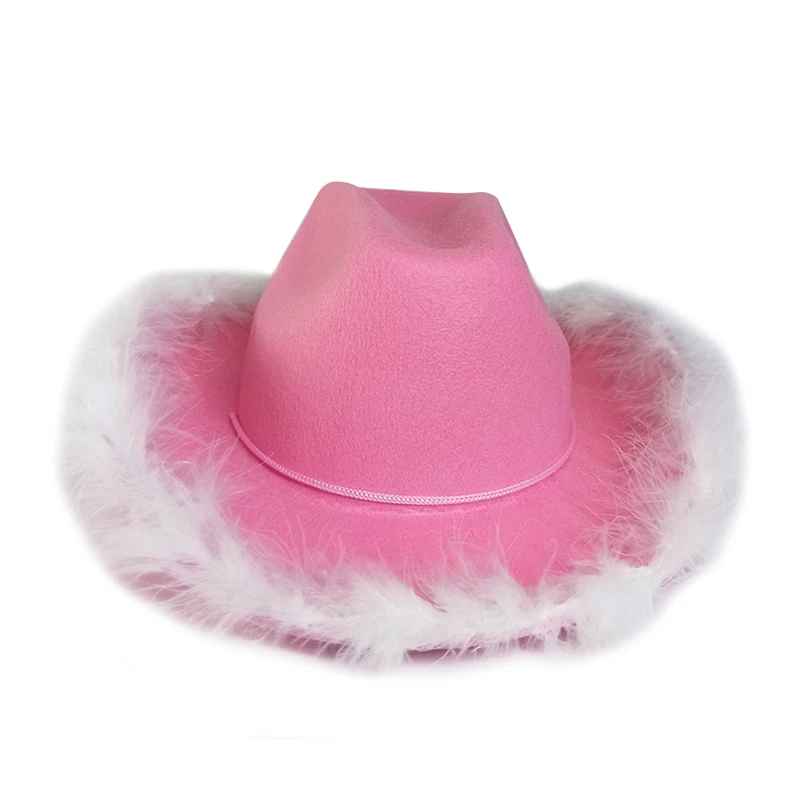 

Стильная розовая ковбойская шляпа с пушистыми полями и перьями, ковбойская шляпа для карнавала, косплея, Прямая поставка