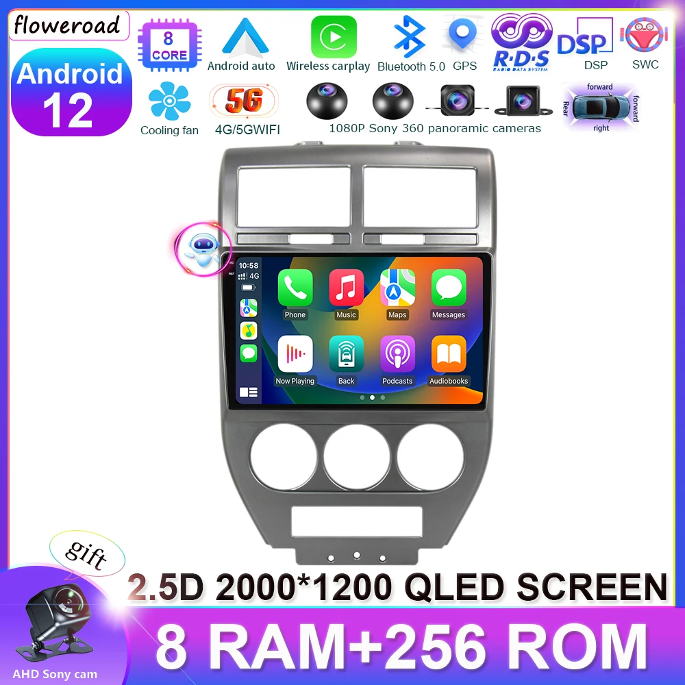 

256G For Jeep Compass 1 MK 2006 - 2010 Android 12 Autoradio Touchscreen GPS Navigation Car Radio Multimedia player carplay DSP