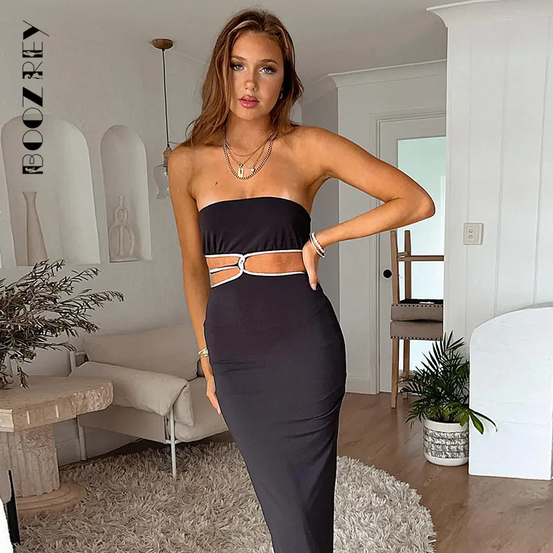 

BoozRey Solid Sexy Hollow Out Sleeveless Maxi Dresses for Women 2022 Summer Fashion Elegant O-Neck Party Bodycon Y2k Dresses