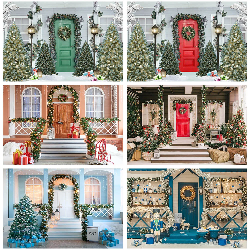 

Christmas House Door Photography Backdrop Xmas Tree Garland Background Family Portrait Photographic Studio Photo Props