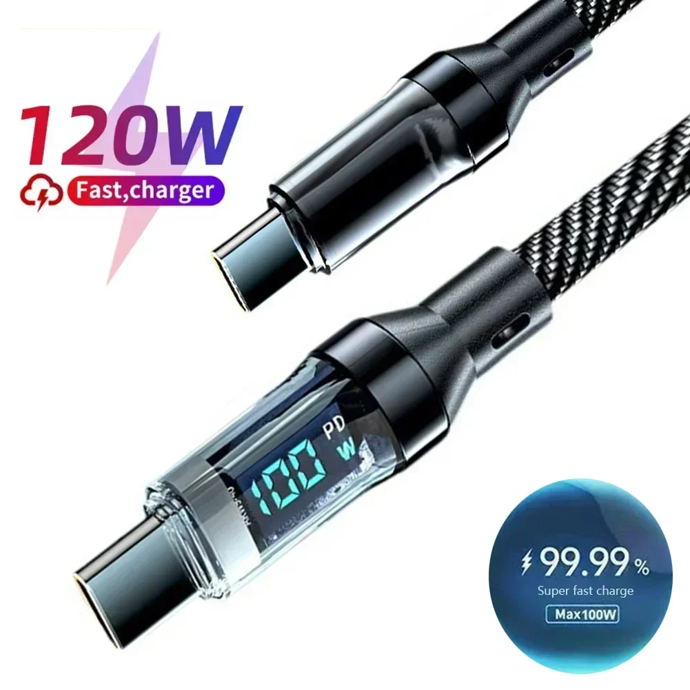Фото Кабель для быстрой зарядки USB-A на Type-C / Type-C на Type-C с LED-дисплеем и измерителем мощности, 60W/100W, PD, нейлоновая оплетка, 1м/2м №1