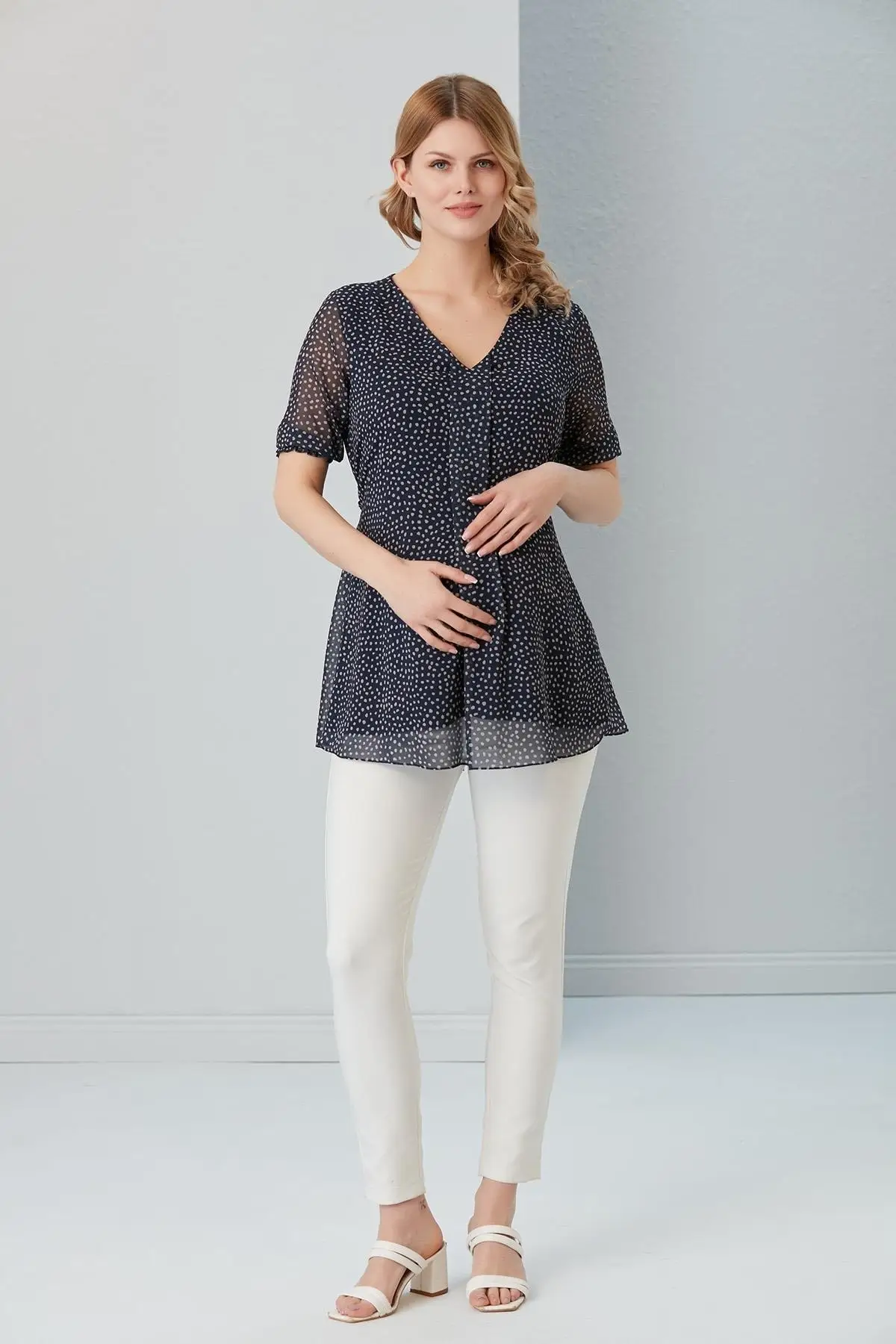 Женская стильная блузка для беременных B0027-Mini Point со складками и короткими рукавами