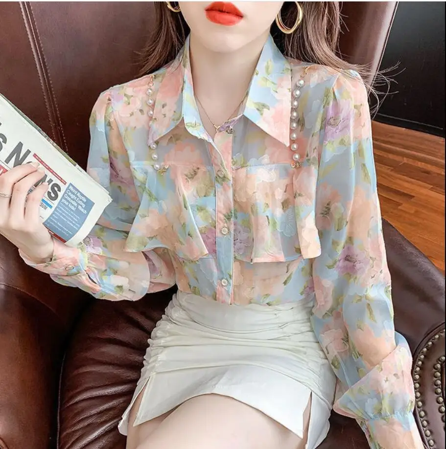 

Spring Autumn Ladies Tops New Ruffles Floral Chiffon Shirt Women Blouse Long-sleeve Fashion Office Pearl Chain Blouses Blusas