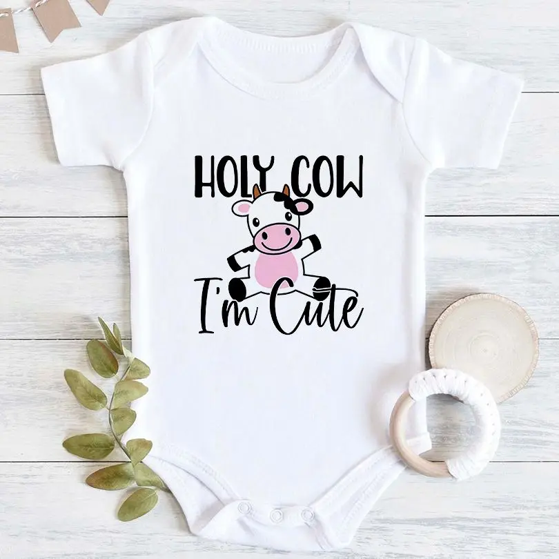 

Cow Pattern Baby Rompers Oh My God I'm Cute Text Printing Fashion Casual Neutral Multi-color Outdoor 0-24M Short-sleeved O Neck