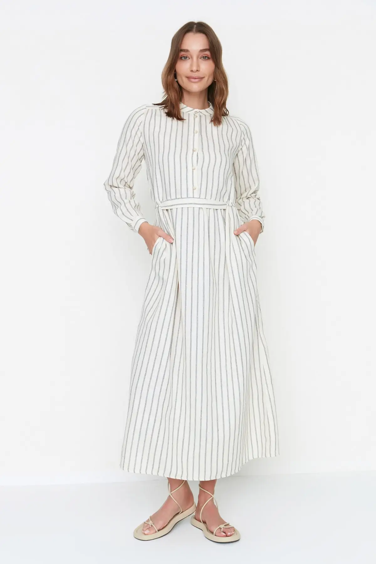 

Ecru Line Detail Waist Belted Woven Dress TCTSS22EB0229