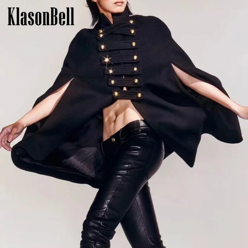 

10.24 KlasonBell Black Cloak Wool Coat Double Breasred Stand Collar Loose Outerwear Women's