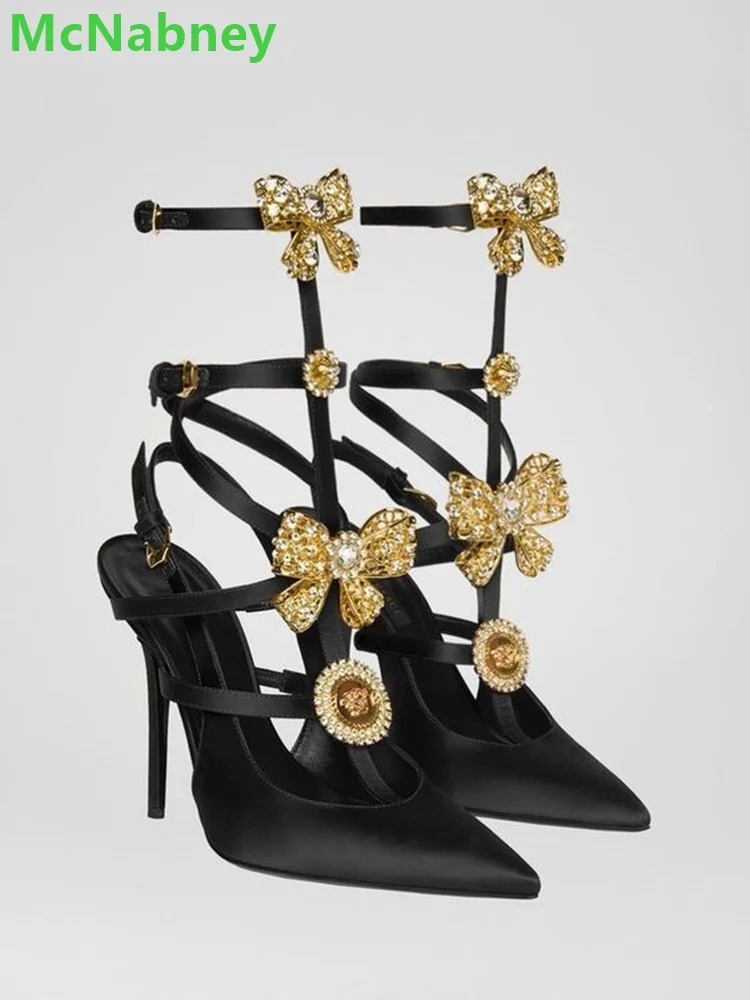 Rhinestone Btterfly-knot Slingback Sandalias For Women Pointed Toe Pumps Ankle Buckle Strap Thin High Heel Solid Hollow Shoes