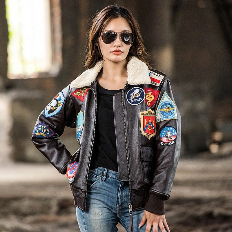 Dark Brown TOP GUN Maverick G1 Jacket Women Military Style Natural Thick Cowhide Winter Warm Aviator Genuine Leather Coats