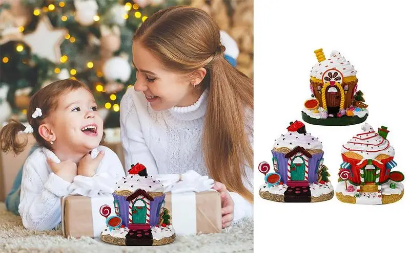 

Christmas Led Light Snowhouse Ornaments Resin Desktop Miniature Village House Xmas Glow Gift Happy New Year Decors Supplies