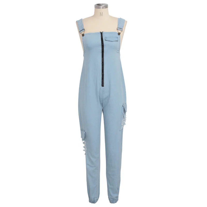2023New Denim Strap Pants Office Women's Zipper Pocket Fashion Sexy Casual Denim jumpsuit Solid Vintage Blue Strap Worn jumpsuit
