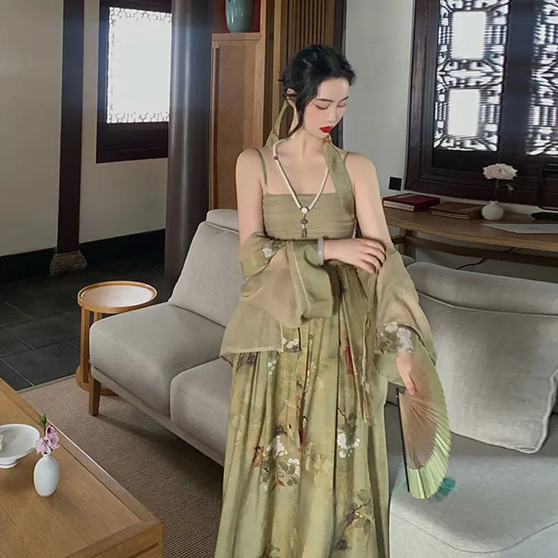 

French chic stunning new Chinese gentle wind halter dress son two suits women spring and summer floral long skirt