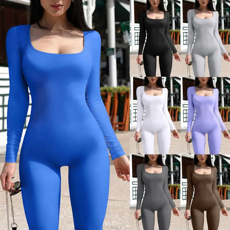 

Women's jumpsuit autumn and winter new product with threaded square neck and buttocks lifting slim fitting and sexy