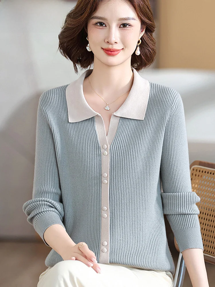 Осень 2024 платье для женщин среднего возраста трикотажный топ с отворотом в