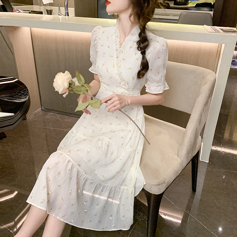 

COIGARSAM Summer Women's Dress 2021 2022 New French Style Print Floral Dresses Dropshipping