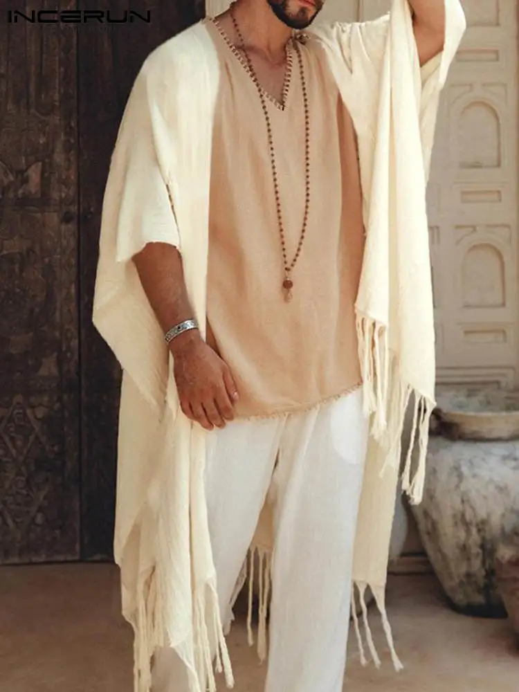 

INCERUN Men Shirt Solid Color Tassel Open Stitch 3/4 Sleeve Streetwear Long Style Cardigan Men Kimono Fashion Loose 2022 Camisas