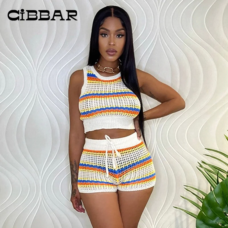 

CIBBAR Streetwear Fashion Knitted Shorts Sets Women Summer Striped Multi-Color Tops+Drawstring Shorts Outfit Beachwear Slim Suit
