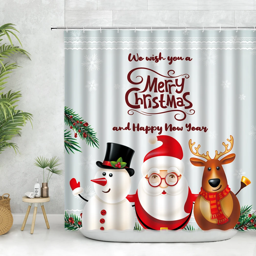 

Santa Elk Snowman Green Plant Winter Festive Christmas Decoration Bathroom Bathtub Screen Merry Christmas Shower Curtain