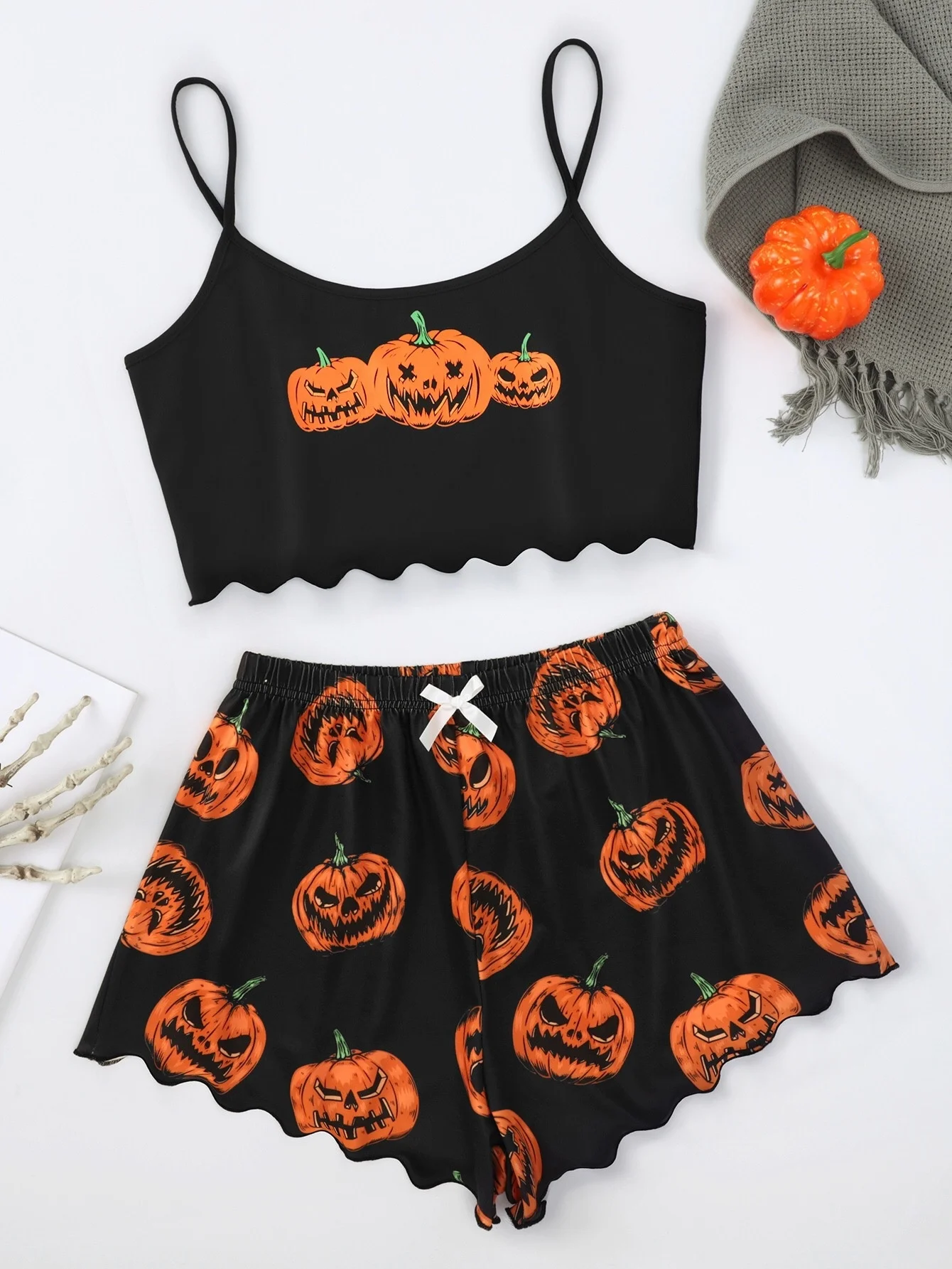 

New Style Halloween Lady's Cartoon Pumpkin Print Camisole With Shorts Pajama Set Casual Home Wear Sleepwear Underwear Suits