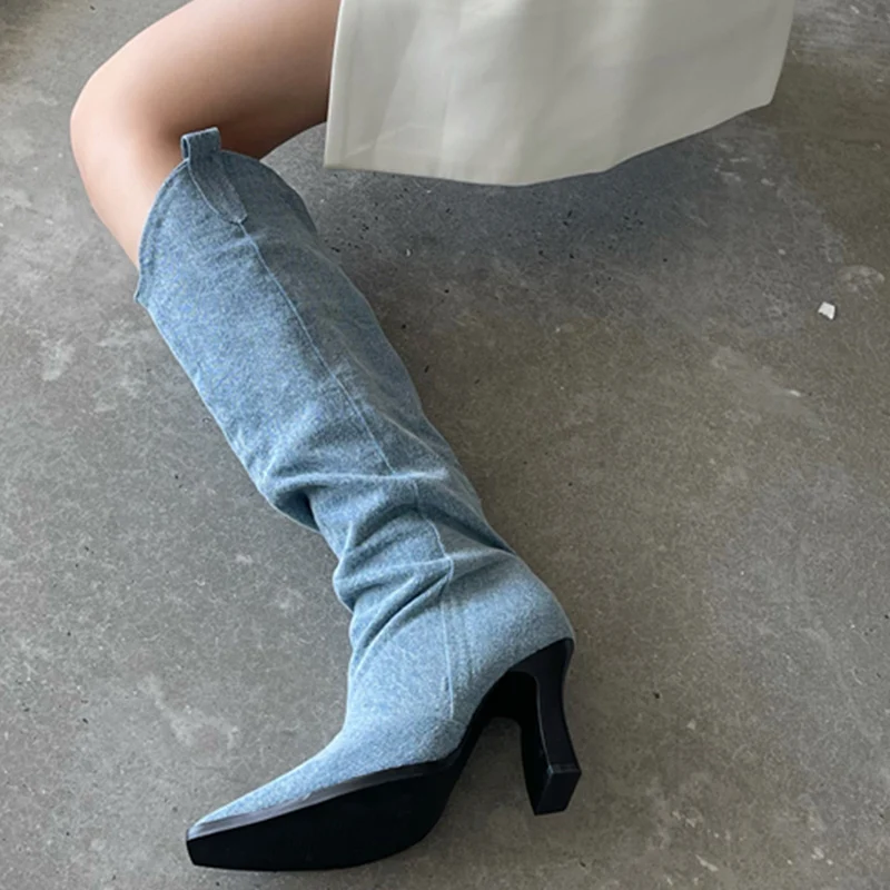 

High Chelsea Boots For Women Pumps Ladies Shoes Fashion Party Pointed Toe Slip-On Basic Female Heels Denim Modern Knee Boots