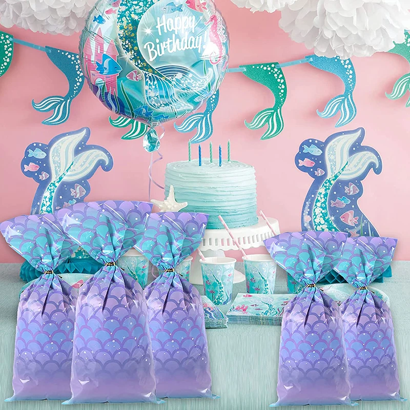 

25/50Pcs Mermaid Theme Party Candy Mermaid Tail Biscuit Packing Bag with Tie Wire Baby Shower Kids Birthday Party Supplies