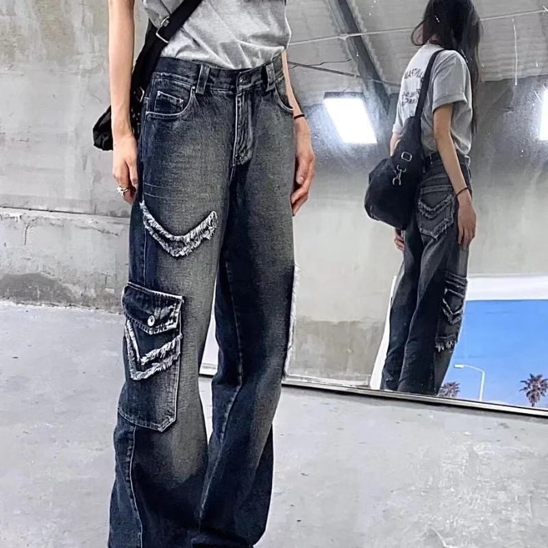 

Cargo Pants Women Jeans Street Vintage Distressed Washed High Waisted Jeans Woman Casual Multi Pocket Baggy Jeans Women