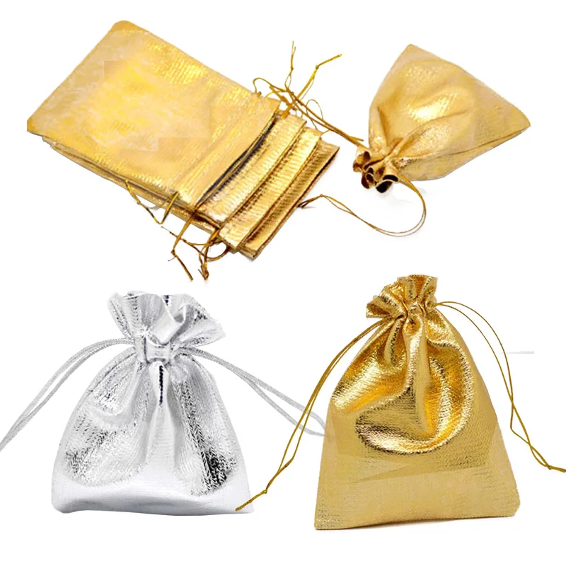

50pcs/lot 7x9 9x12cm Adjustable Jewelry Metallic Foil Packing Fabric Bag Gold Colors Drawstring Wedding Gift Candy Bags Pouche
