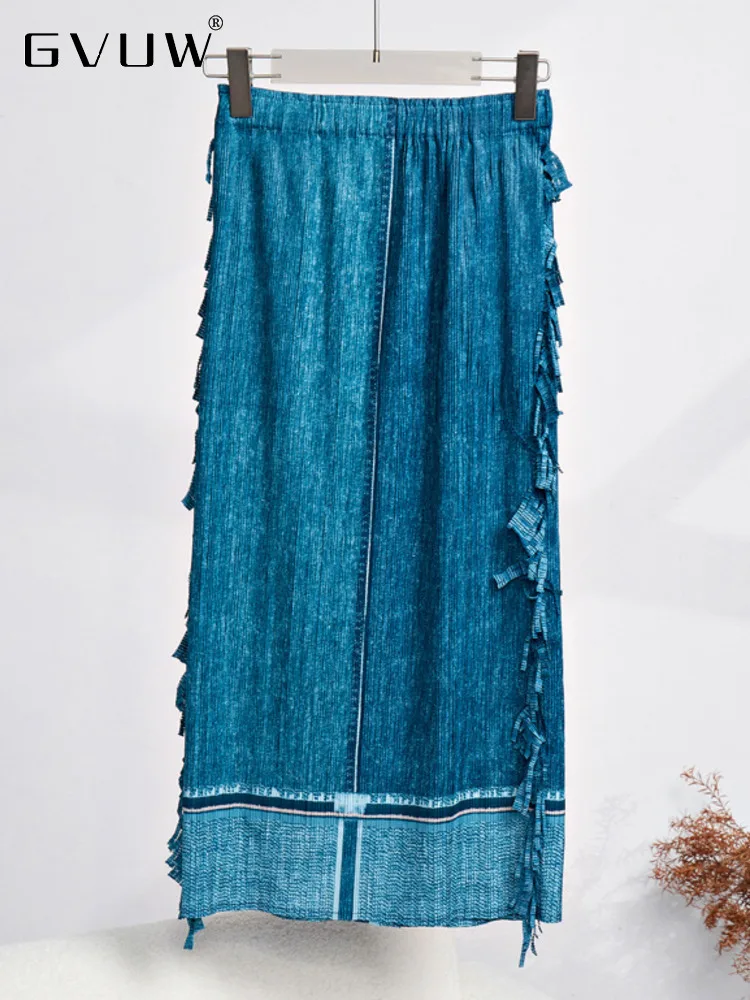 

GVUW Faux Denim Pleated Retro Skirt For Women Tassel High Waist Patchwork Wrap Hip Skirts Female Casual 2023 Summer New 17G1754