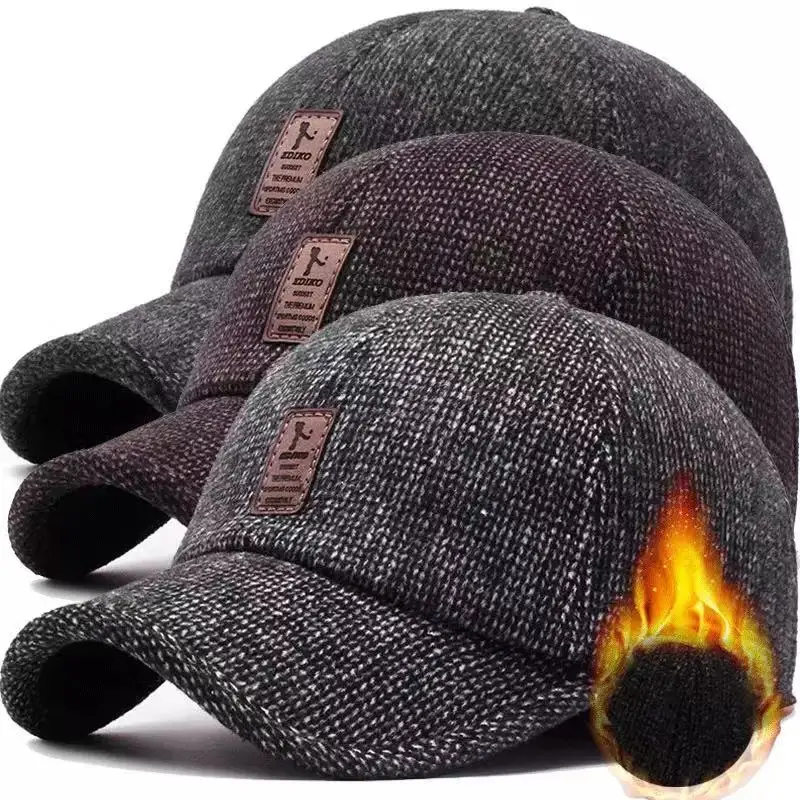 

New Woolen Knitted Winter Ear Cover Baseball Cap Solid Snapback Hat For Women Men Thicken Warm Hats with Earflaps Sport Golf Hat