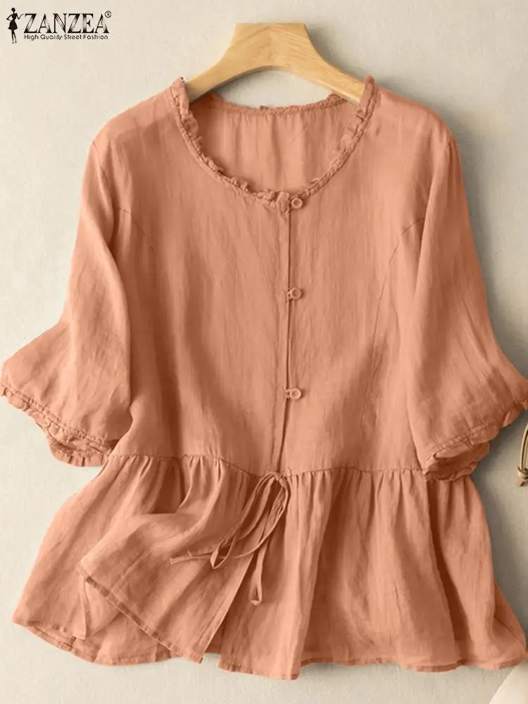 

Летняя Свободная блузка ZANZEA 2022, элегантная женская плиссированная блузка с коротким рукавом и круглым вырезом, женские топы, футболки, повс...