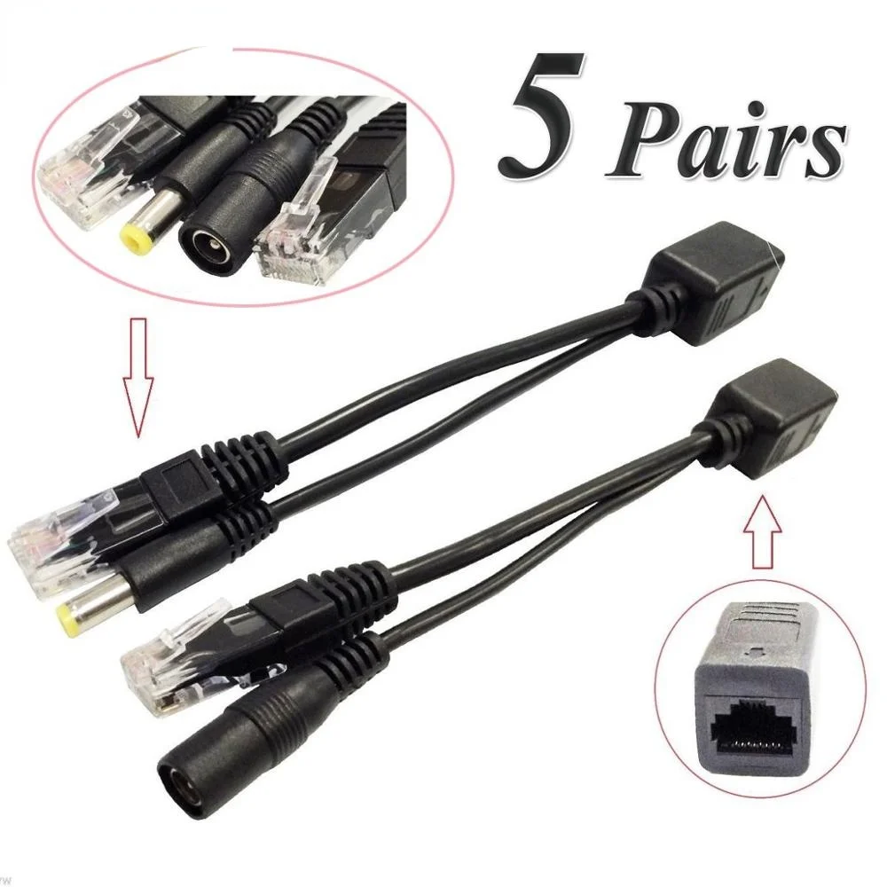 10pcs(5pair) POE Splitter POE Switch POE Cable adapter Tape Screened 5V 12V 24V 48V Power Supply Cable 5.5*2.1mm