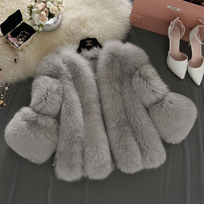 Winter New Fashion Brand Fake Fox Fur Coat Women Thermal Jacket Stitching Thick Faux Fur Women Coat Short Coat