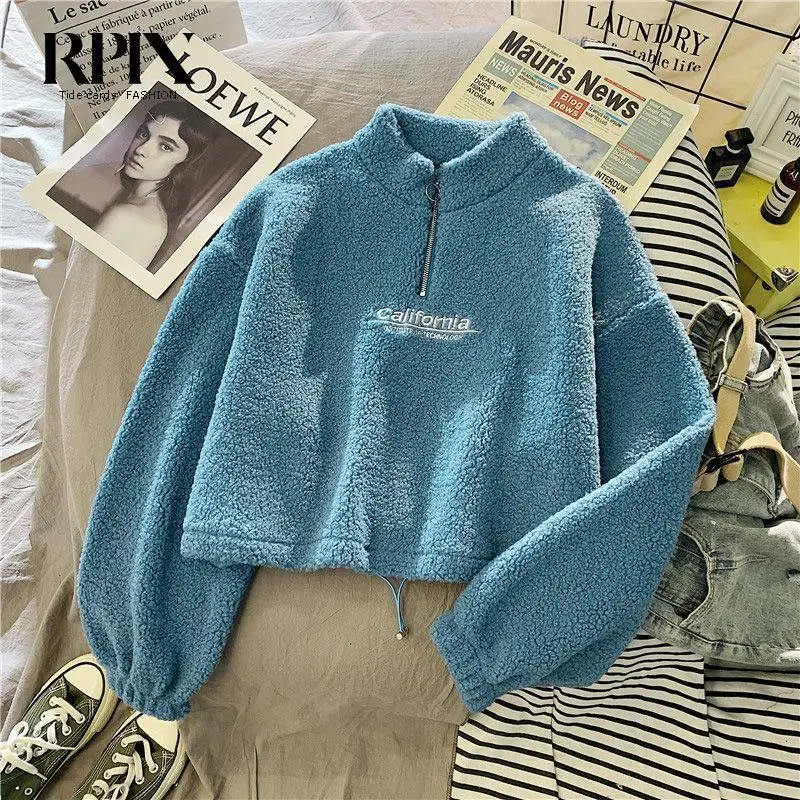 Deeptown Women Hoodies Harajuku Half Zipper Cropped Pullover Fuzzy Lambs Wool Soft Oversize Thicken Fleece Coats Korean Fashion images - 6