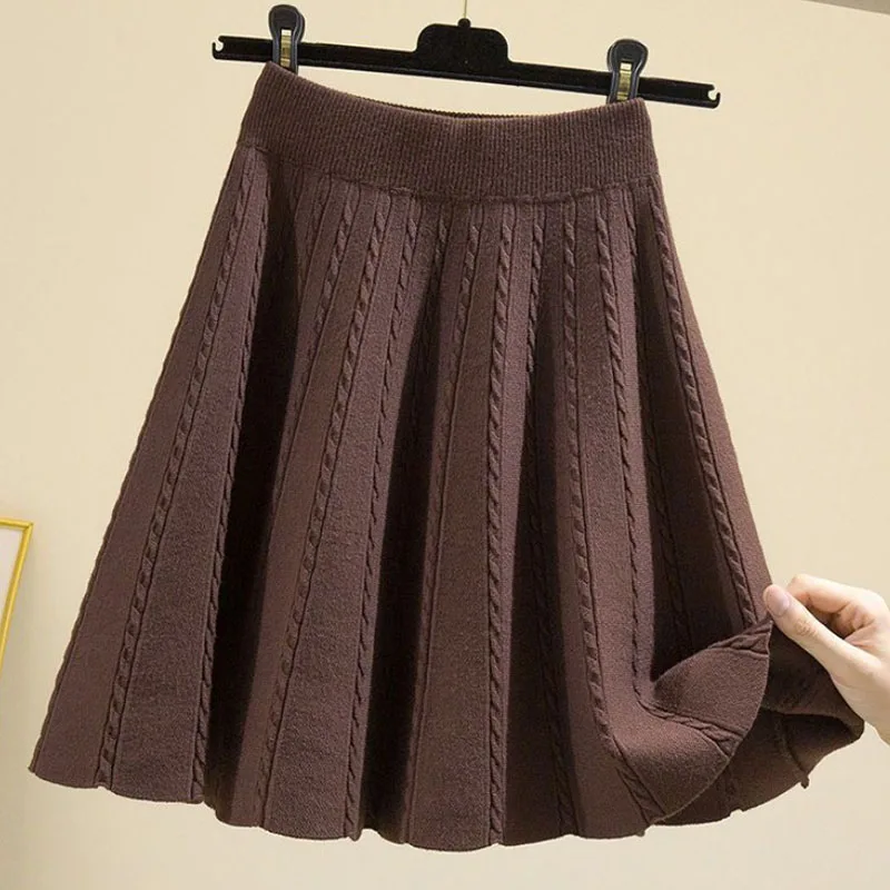 

Spring Autumn Knitted Elastic Waist High Irregular Skirts 2023 New Screw Thread All-match Pleated Skirts for Women Korean Trend
