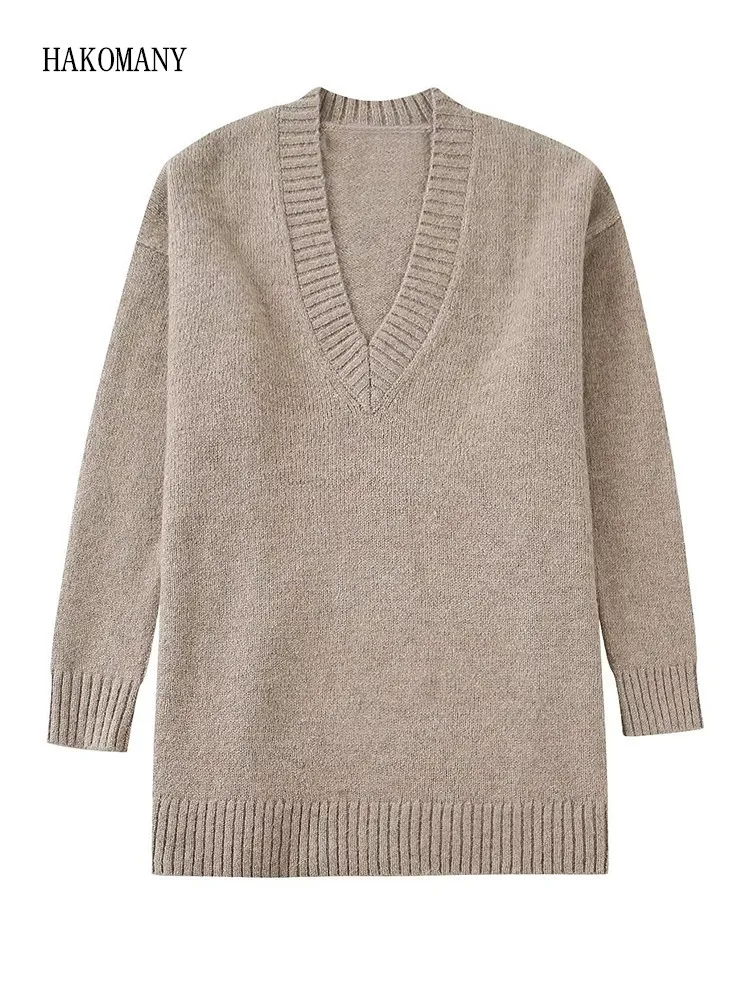 

2022 Women Full Sleeve Midi Long Pullovers Knitwear Vintage Jumper Chic Khaki Solid Color Knitted V neck Hem Slit Sweater
