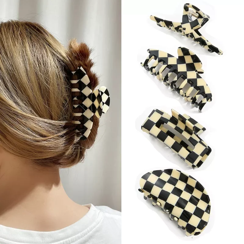 

Mutiple Vintage Acetate Checkerboard Hair Claws korean Elegant women Plaid Shark clips Ins Barrette Hair Accessories