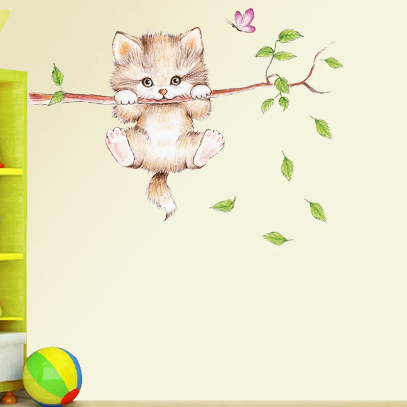 Kitten on Tree Branch Wall Stickers Home Living Room Decorations DIY Cartoon Cat Decor Mural Kids PVC Furniture Sticker | Дом и сад