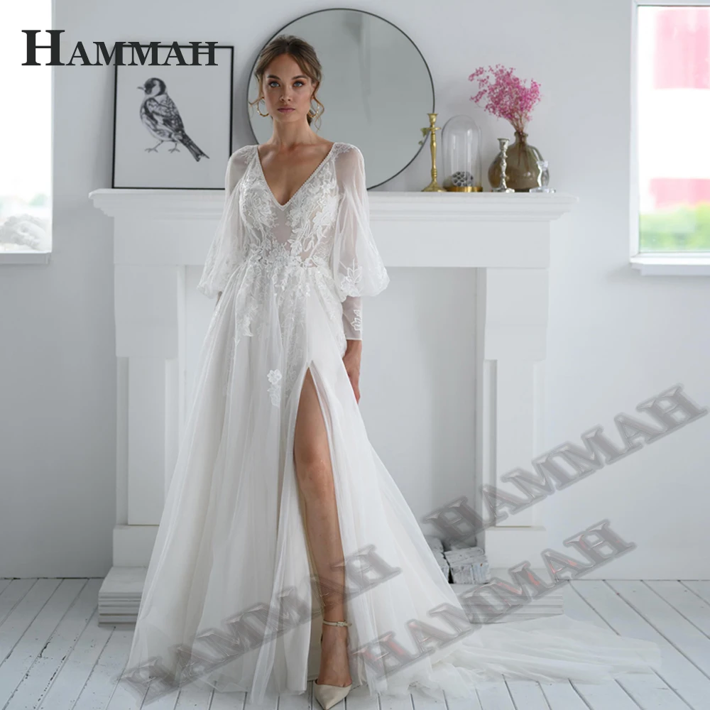 

HAMMAH Full Lantern Sleeve Wedding Dresses For Bride Pastrol V Neck Slit A Line Tulle Court Train Zipper Floor Length Customised