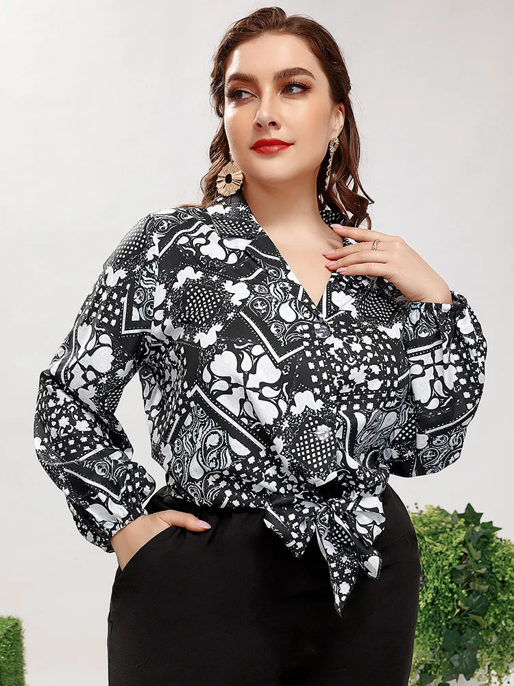 

TOLEEN Plus Size Tops Fashion Vintage Women Boho Blouse 2022 Spring Autumn Long Sleeve Casual Short Belt Oversize Shirt Clothing