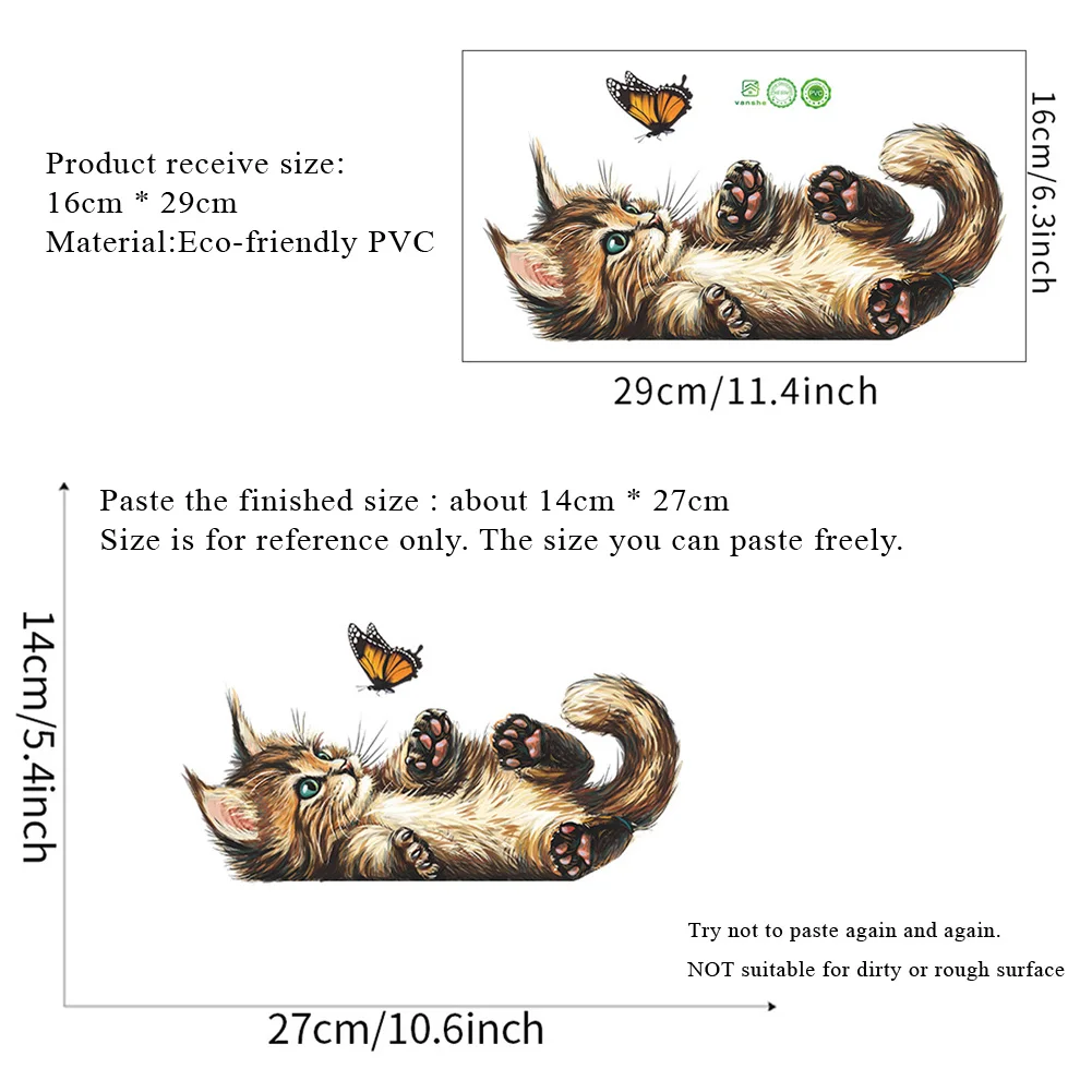 Cartoon Cat Butterfly Playing Wall Sticker Kids Room Bedroom Decoration Mural Bathroom Wallpaper Home Decor Cute Kitten Stickers