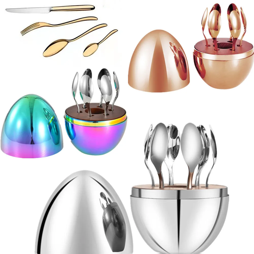 Trendy 6pcs Set Egg-shaped Stainless Steel Knife and Fork Spoon Large
Silver Egg Tableware Set Coffee Spoon Rose Gold Mood Egg