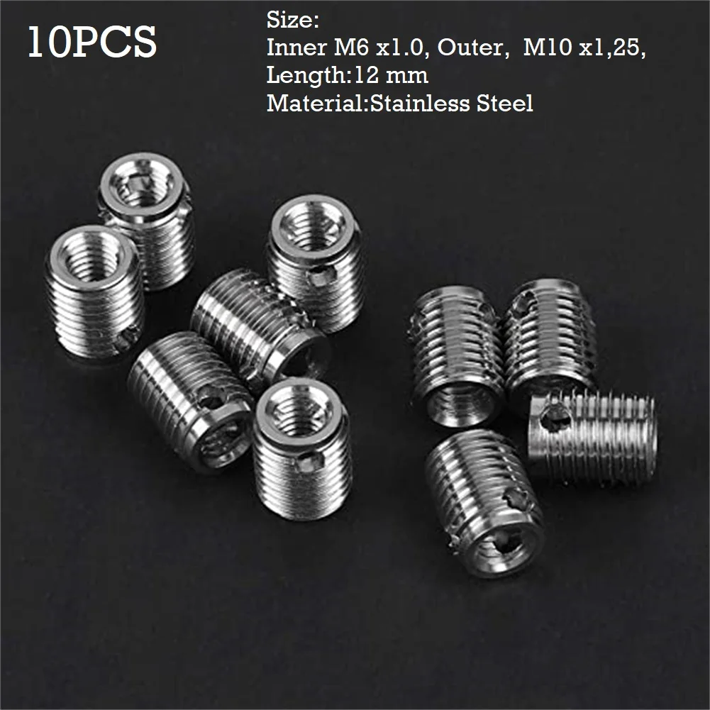 

10PCS Thread Insert (I M6X1.0,O M10X1.25) 12mm Self-Tapping Threaded Inserts Stainless Steel Thread Repair Tools Screw Parts