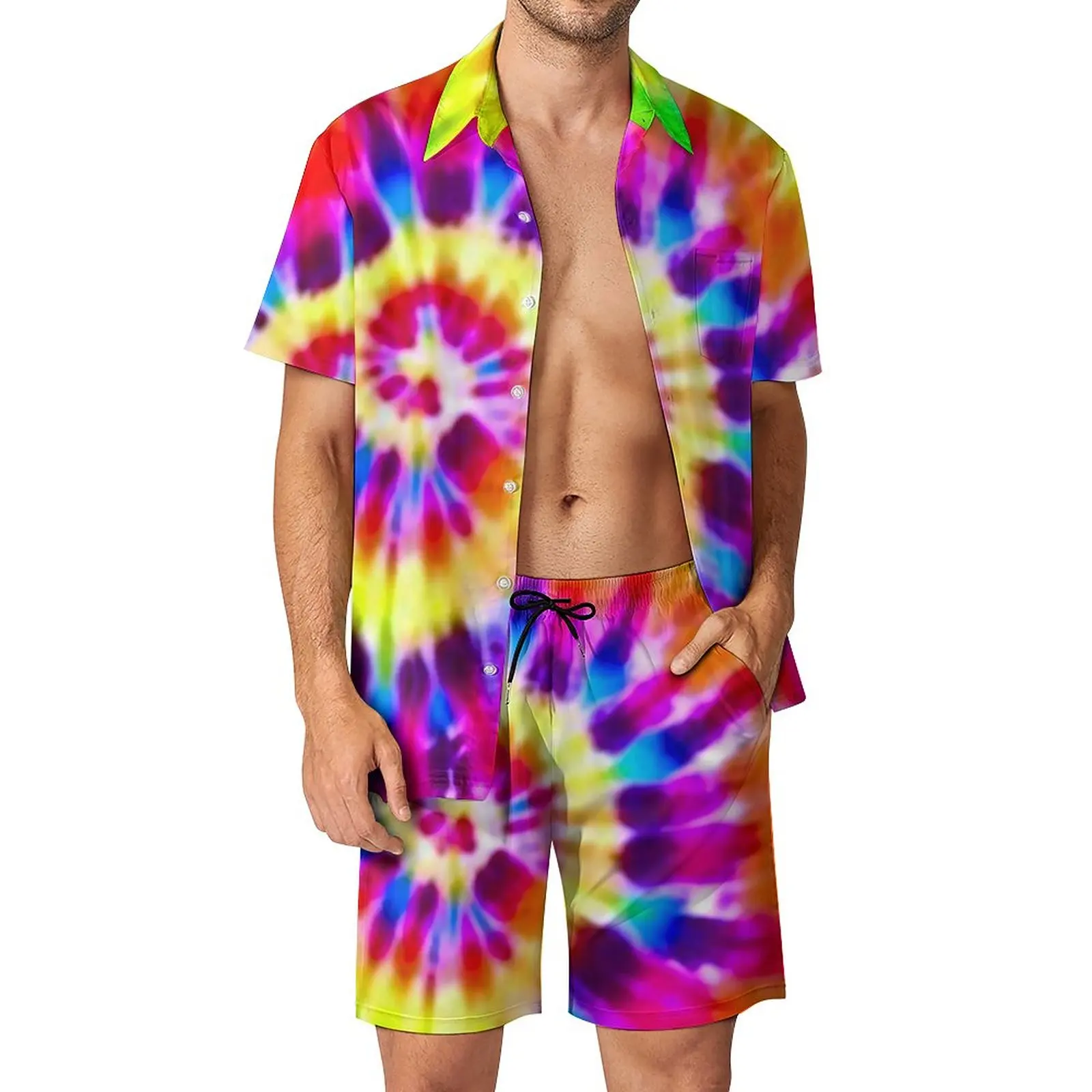 

Rainbow Tie Dye Men Sets Psychedelic Supernova Casual Shorts Summer Funny Vacation Shirt Set Short Sleeves Oversize Suit Gift