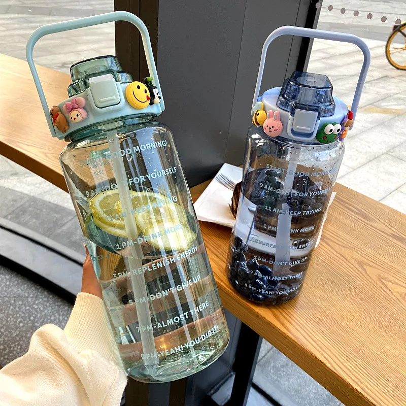 2 Litre Sport Water Bottle with Straw Cute Water Bottle for Kids Girl Drinking Kettle with Sticker Summer Cold Drink Plastic Cup